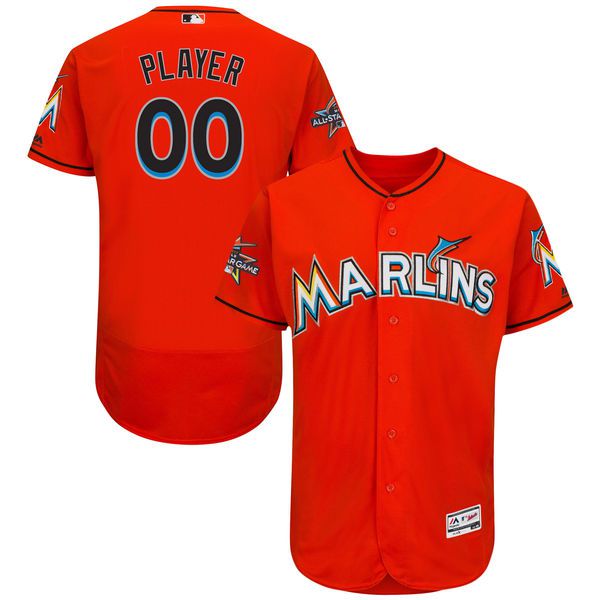 Men Miami Marlins Majestic Alternate Fire Red 2017 Authentic Flexbase Custom MLB Jersey with All-Star Game Patch